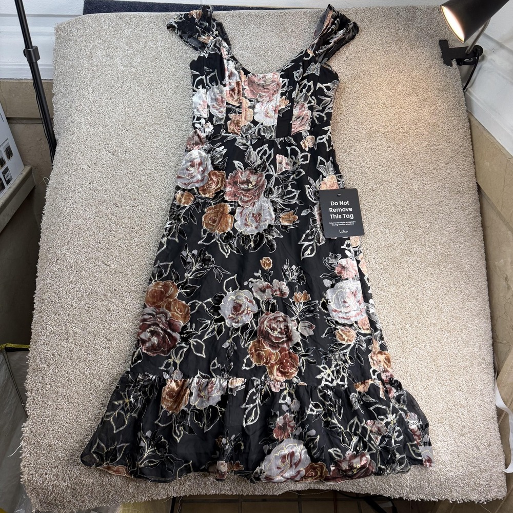 Lulus Dress Womens L Black Floral Velvet Scoop Neck Ruffle Maxi Party Wedding - Picture 2 of 9